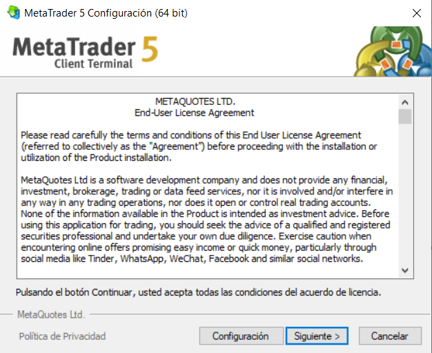 Ventana del acuerdo de licencia de MetaTrader 5 con el botón Configuración abajo a la izquierda