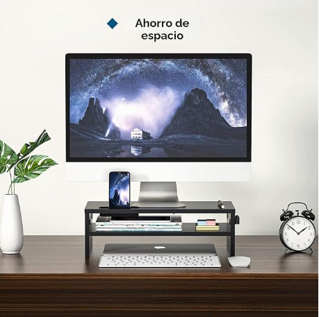 Soporte Monitor Mesa de 2 Niveles con Gestión de Cables y Ranura para Móvil, para Ordenador, Portátil, IMac, PC, Haste 30 kg, Negro (W420 x D235 x H142mm)