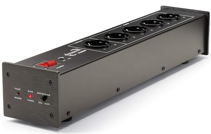 Dynavox X2000 Filtro de Red HiFi, regleta múltiple con 5 enchufes, con luz LED de Control para la Correcta Fase y función Master-Slave, Negro