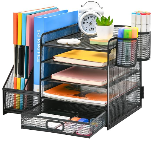 Marbrasse Organizador Escritorio,5 Niveles Bandeja para Cartas con Cajón y 2 Portalápices,Escritorio
