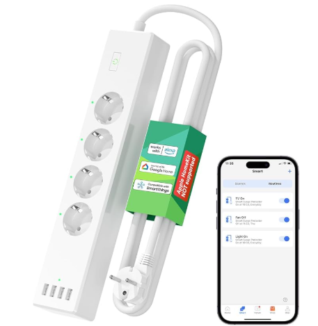Meross Regleta Inteligente WiFi Inteligente con 4 Enchufes y 4 Puertos USB, Función Temporizador de Protección contra Sobrecarga, Compatible con Alexa, Google